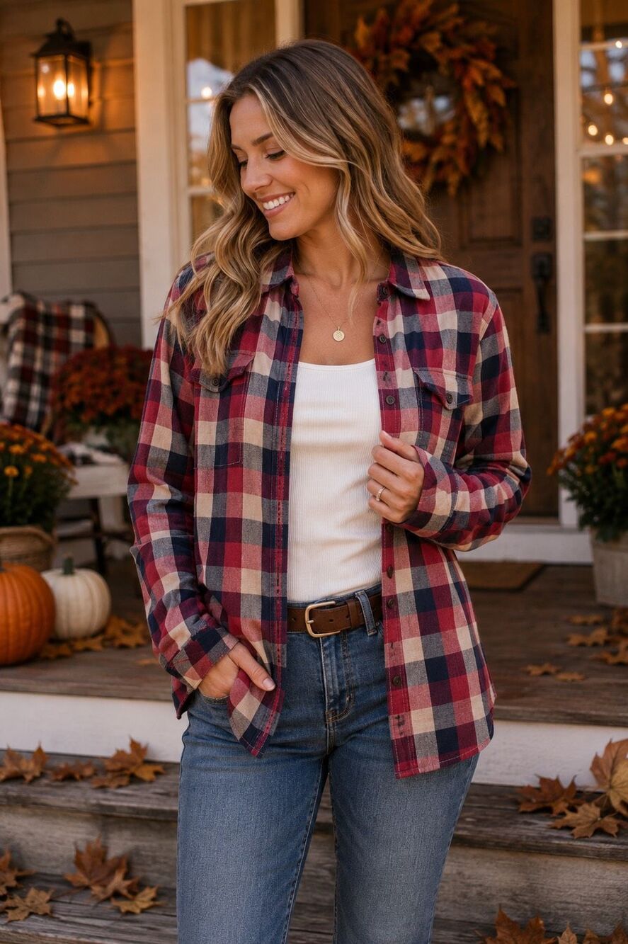 Duluth Trading Co Women’s Plaid Flannel Shirt Medium Red Navy Cream Button Front